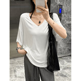 Lazy Boyfriend Wind Loose Deep V-Neck Half-Sleeved T-Shirt Girl Summer Leisure Long-Term Large Version Of The Pure Color Top Tide