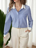 New Niche French Top Long-Sleeved Loose-Fit Sleek High-End Shirt Blue Striped Shirt For Women