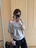 Design-Sensitive Cotton Gray Shoulder Loose Short-Sleeved T-Shirt Women's Summer Casual Set-Up White Top