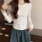 Flower Ash Slim Long-Sleeved Soft-Gripen Mask T-Shirt Women In Early Autumn New Solid Color Folding Thin Design Top