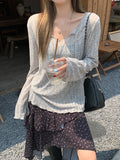 Blue Thin Transparent Sunscreen Long-Sleeved T-Shirt For The Summer New Wooden Ear Design Air Conditioning Hood V Collar Top