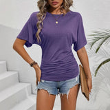 2025 Ladies Casual Fashion Pure Color Folded Round Collar Short Sleeves To Repair Summer T-Shirt