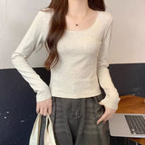 Round Collar Shoulder Cotton T-Shirt Women's Long Sleeves With Autumn New Elastic Slimming Hottie Bottom Shirt