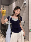 Summer Design Fake Two Strapped Short-Sleeved T-Shirts 2026 Summer New Set-Up Chic Little Top