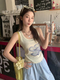 Summer Small Blue Flower Dye Irregular Hem Sling Sling Vest Women 2026 New Folded Waist Design Blouse