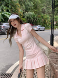 Summer Beautiful Pink Polo Collar Straight Shoulder Short-Sleeved T-Shirt Girl Slim Slimmed Beautiful Embroidered Top