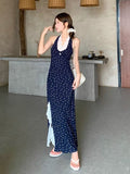 French Holiday Style Blue Hanging Neck Hanging Flower Joint Dress Women's Summer 2026 New Open Lace Dress