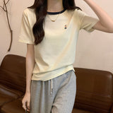 Design-Sensitive Small Embroidered Short-Sleeved Top Women 2026 Summer New Waffle Round Collar Straight Shoulder T-Shirts