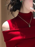 Red Small Open Shoulder Collar Knitted Bottom Shirt Woman With Autumn And Winter Unique French Sweet Hottie Top