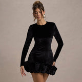 Autumn And Winter New Folded Hem Body Half-Dress Temperament Collar Long-Sleeved Velvet Three-Dimensional Dress