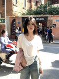 U-Necked T-Shirt Women's Short-Sleeved White Shoulder Summer 2026 Big Necktip Loose Thin Inner Solid Color Top Thromy Shirt
