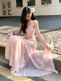 High-Level Rendering Of Broken Floral Dress Women's Summer Super Fairy Pink Dress Sexy Bag Butts Rectender Fishtail Dress