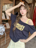 Korean Collidered Slammed Design Slant Shoulder Printed Short Sleeve T-Shirt Women's Summer New Leather Spice Girl Easier Loose T-Shirt