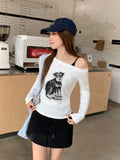 White Puppy Letter-Print Shoulder Strap Design Long-Sleeved T-Shirt Women's Early Autumn Angle Shoulder Folded Shoulder