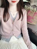 Sweet And Comfortable French Small Scented Fake Two V-Neck Knitted Cardigan Design Sweater Small Pink Top