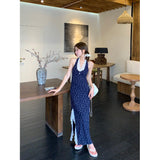 French Holiday Style Blue Hanging Neck Hanging Flower Joint Dress Women's Summer 2026 New Open Lace Dress