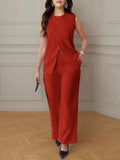 Spring And Summer 2025 New Women's Solid Color Jacket Sleeveless Belt Two Sets Of Trouser Casual Set
