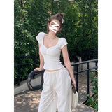 Peach Heart Collar Pure Want To Repair Short-Sleeved T-Shirts For Girls Summer New Small Short Thin High-End Chic Top