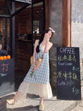 Blue Lattice Dress Dress Dress Dress Women Summer New Fake Two Splicing Lace Niche Design Long Dress