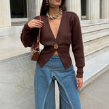 Dili Casual Simple Style Deep V Premium T-Shirt Sweater Women's Clothing 2025 Autumn And Winter
