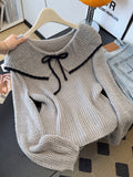 Super Good-Looking Unique Doll Collar Shoulder Knitted Shirt Woman 2025 Early Autumn Large-Size Fat Mm Bottom Sweater Soft Glutinous Top