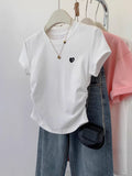 Short-Sleeved T-Shirt Female Gray Love Embroidery Short Model 2025 New Design Embroidery Shoulder Blouse Hottie
