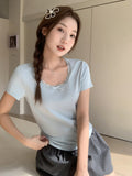 Solid Color Lace Side Splicing Side Collar Short-Sleeved T-Shirt Girl Spring New Sweet Hot Girl Folded Into The Bottom Shirt To Put On The Top