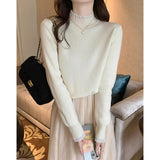 French Gentle Little Scented Sweater Women's New Winter Bottom With Half-High Collar Lace Splicing One Velvet Top
