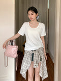 Korean Point Flower Apricot U Collar Shoulder Short-Sleeved T-Shirt 2026 Summer New Loose Thin Lazy Style Chic Top