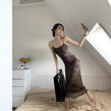 French Cold Wind Black Print Sling Dress Women's High-End Design Waist Thin Sister Style Long Dress