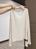 Simple Solid Color V-Neck Long-Sleeved T-Shirt Girl Summer Korean Version Of Loose Thin Chic Retro Sunscreen Shirt Top