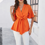 Dili Women's Clothing 2025 Spring And Summer V Neck Pure Color Elegant Five-Point Sleeve Strap Tidling Waist Top