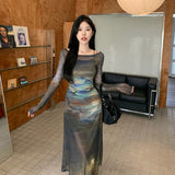 Oil Painting Dress Net Yarn Holiday Wind Sling Two Sets Of Women's Summer High-End Feel Super-Looking Hot Girl Long Dress