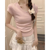 2026 Summer Light Blue Folds To The Waist Shoulder Short-Sleeved Women's T-Shirt Small Flying Sleeve V Collar Collar Collar Collar Collar Collar Sexy Top
