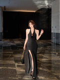 Pure Wind Red Hanging Neck Dress Women's Spring New Sexy Open Fork Dress Bag Hip Dress