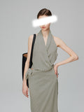 Summer Simulation Silk Elastic Ribbon Striped Hanging Neck Slings One-Packed Skirt Suit
