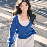 Blue Fake Two Design Knitted Sweater Women's 2025 Spring Dress New Wear Cool Twig Sister Top