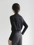 Simple Cotton Small Collar T-Shirt Women Long Sleeve Suture Commuting Loose Thin Half High School Jersey Top