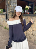Tibetan Blue Word Shoulder Lace Spliced Long-Sleeved Sweater Women 2026 Autumn New Loose Shoulder Bottoming Shirt Top