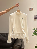 Small Collar Pure White Lace Hem Grinding Hair Plus Velvet Autumn And Winter Long-Sleeved T-Shirt Inside The Top Of The Woman