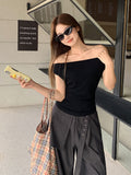 Pure Desire To Word Shoulder Collar Short-Sleeved T-Shirt Women 2026 Summer New Folding Waist Slime Sleeveless Top