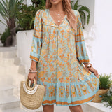 Dili 2025 Spring/Summer Leisure Bohemian Holiday People Cotton Print V-Neck Dress Dress Women's Clothing
