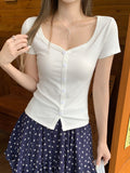 Hottie Sexy Peach Heart Collar Short-Sleeved T-Shirt Girl Summer New Niche Slime Shoulder Short Top
