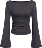 Hottie Solid Color Boat Collar Horn Sleeve T-Shirt Girl 2025 Autumn Dress Folds Thin Tops Long Sleeve