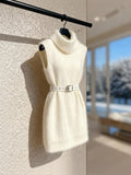 Dress Small Man Temperament To Attend Important Occasions Folded White Knitted High-Neck Vest Dress Winter