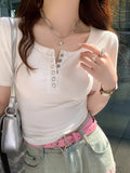 Simple Solid Color Short-Sleeved Button T-Shirt Girl Summer 2025 New Hot Girl Set Up Shoulder Short Top Tide