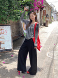 Round-Neck Striped Splicing Colliding Color Knitted Long-Sleeved T-Shirt For Women 2026 Early Autumn Button Design With A Sense Of Body On The Shoulders