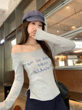 Gray Oblique Shoulder-To-Shoulder Letter Print Long-Sleeved Girl T-Shirt Early Autumn New Knitted Bottom Shirt Sexy Top