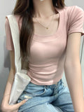 Sweet Hottie Low-Collar Collar Collar Collar Collar Collar Collar Straight Shoulder Short-Sleeved T-Shirt Girl Pure-Want Wind Tight Waist Sexy Short Summer Top