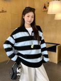 Korean Collar Stripe Splicing Color Knitted Shirt Women 2026 Early Autumn Loose Lazy Wind Jacket Sweater Jacket